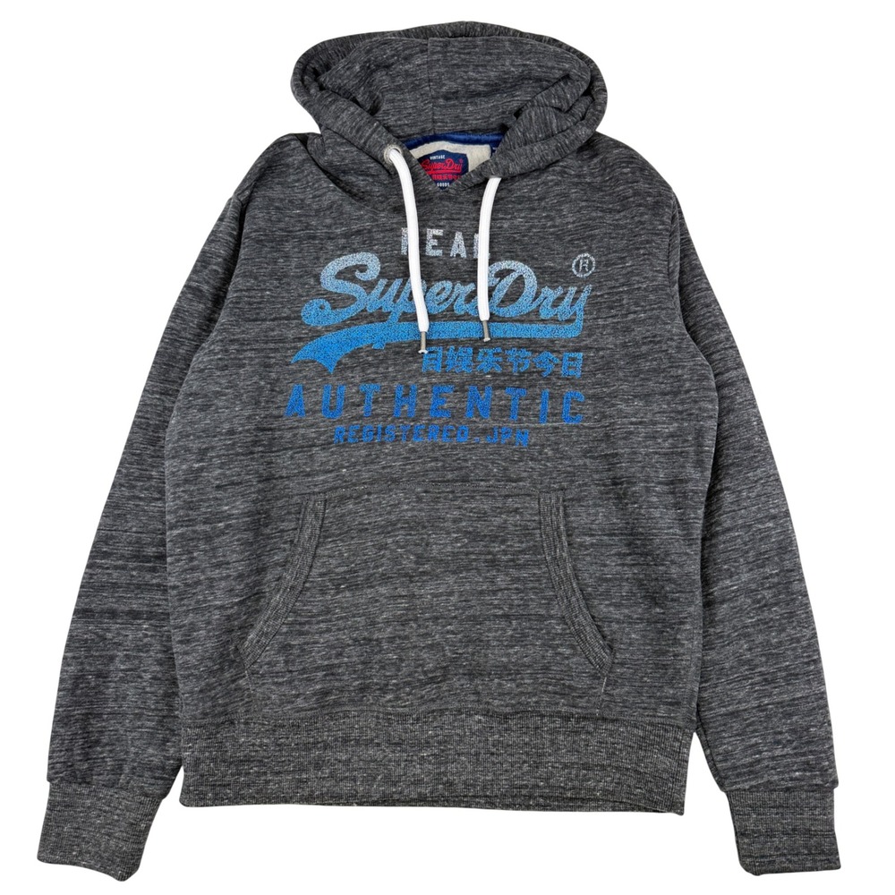 Superdry Real Authentic Hoodie Mens XL Gray Marl Pullover Graphic Sweatshirt